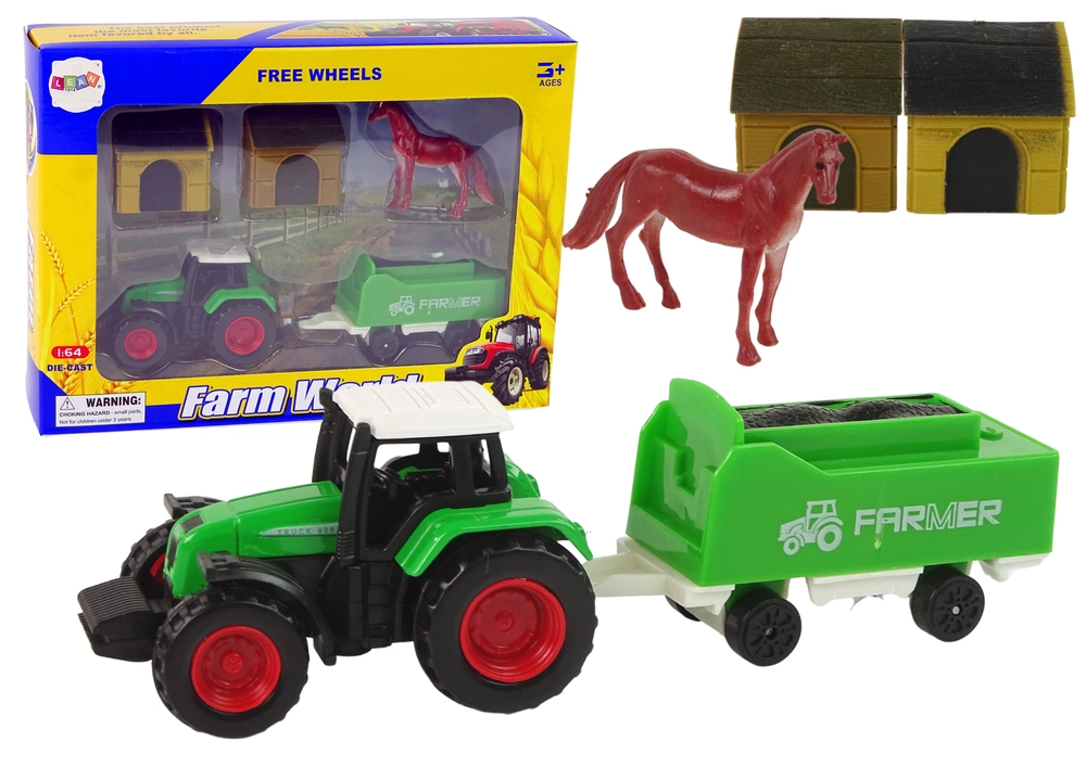 LEAN Toys Farma Set Traktor Přívěs Kůň 1:64