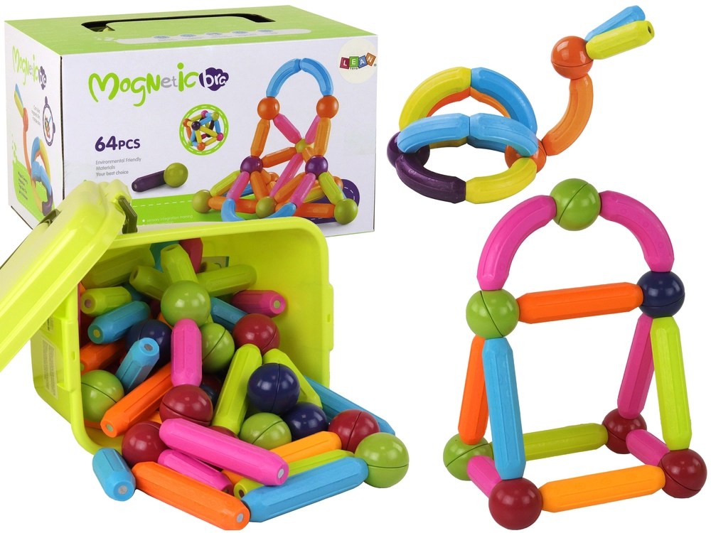 LEAN Toys Velká sada magnetických bloků v pouzdře 64 ks