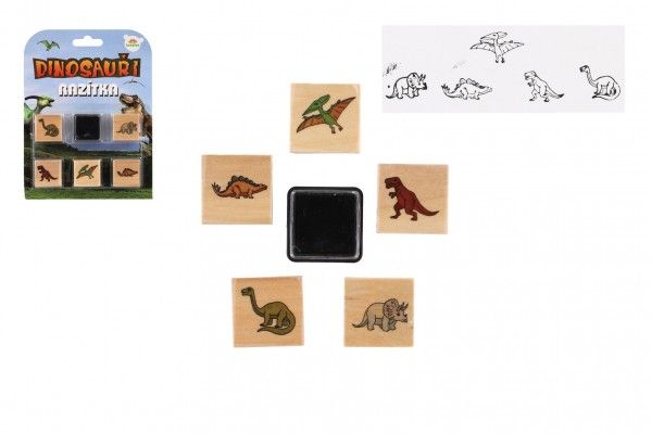 Razítka dřevěná  5+1 s poduškou dinosauři 3x3cm na kartě