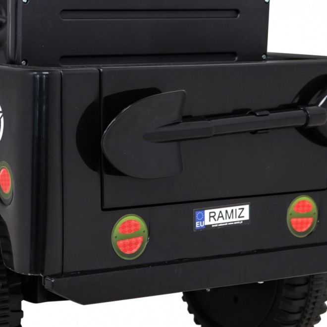 Retro vojenské auto pro děti černé + pohon 4x4 + dálkové ovládání + 2 nosiče zavazadel + pomalý start + MP3 LED
