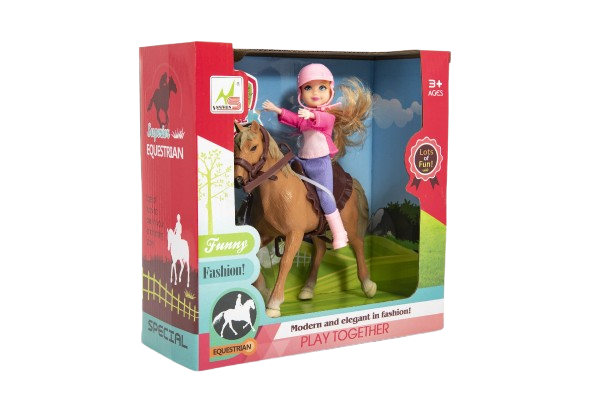 Kůň + panenka žokejka plast 20cm v krabici 23x23x9,5cm