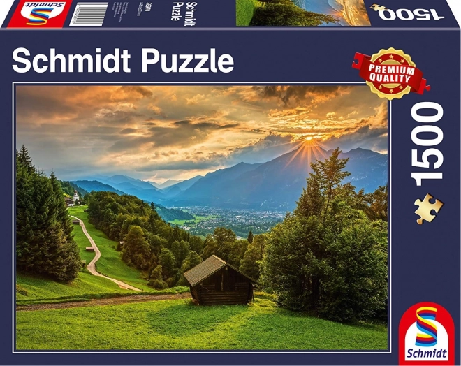 Puzzle západ slunce nad horskou vesnicí Wamberg