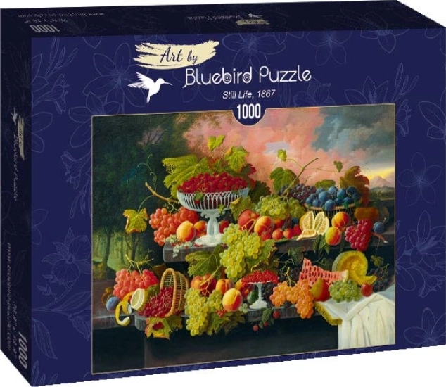 Puzzle zátiší s ovocem a západem slunce