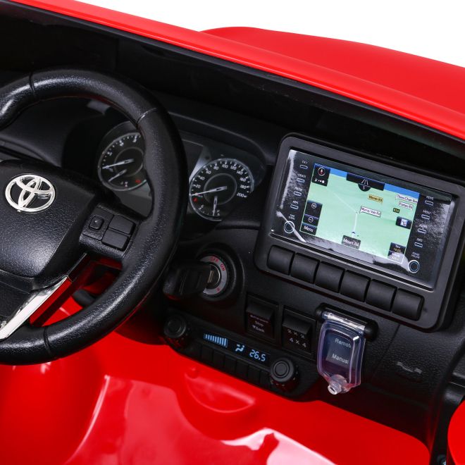 Toyota Hilux baterie pro děti Červená + pohon 4x4 + dálkové ovládání + 2 nosiče zavazadel + rádio MP3 + LED dioda