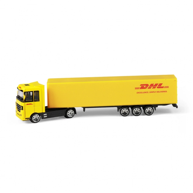 Auto kamion s návěsem DHL plast 19cm na volný chod v krabičce 20x6x4cm