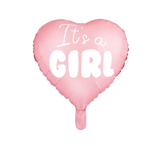 Růžový fóliový balónek ve tvaru srdce na dětskou párty "Je to holka" 48 cm
