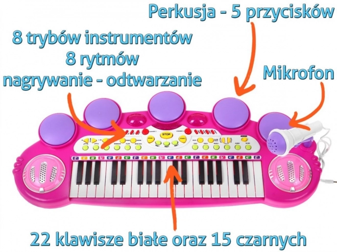 Růžová hudební sada Klávesy + bubny + mikrofon pro děti 3+ Světla + zvuky 3 oktávy