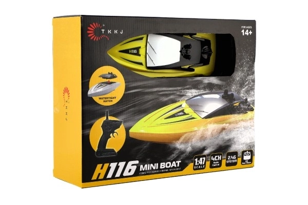 Motorový člun/loď do vody RC plast 22cm žlutý na baterie+dob. pack+USB 2,4Ghz v krabici 29x22x9cm