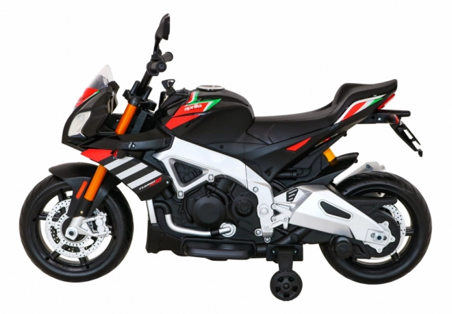 Aprilia Tuono V4 Dětský motocykl na baterie černý + panel MP3 + asistenční kolečka + pomalý start