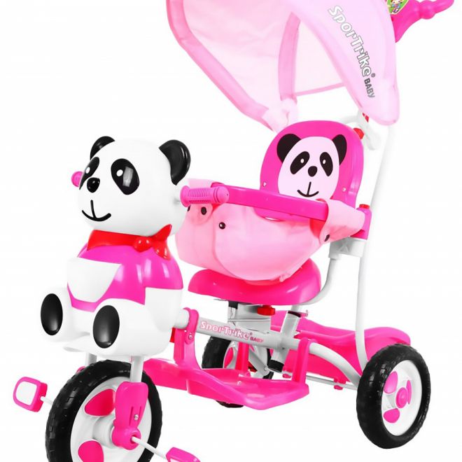 Dětské tříkolové kolo Panda Pink + zvuky + stříška + zábrana + opěrka nohou + rukojeť + ližiny + úložný prostor