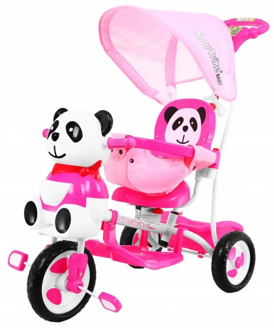 Dětské tříkolové kolo Panda Pink + zvuky + stříška + zábrana + opěrka nohou + rukojeť + ližiny + úložný prostor