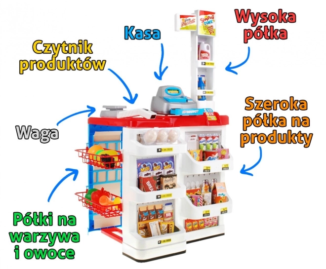 Dětský interaktivní supermarket s nákupním košíkem 24 dílů – Červený