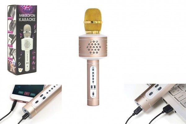 Mikrofon karaoke Bluetooth na baterie s USB kabelem v krabici 10x28x8,5cm – Zlatý