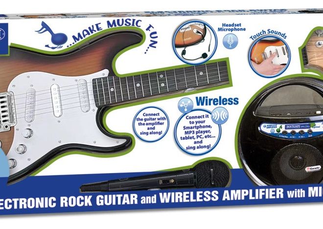 Elektrická rocková kytara se zesilovačem, mikrofonem a headsetem