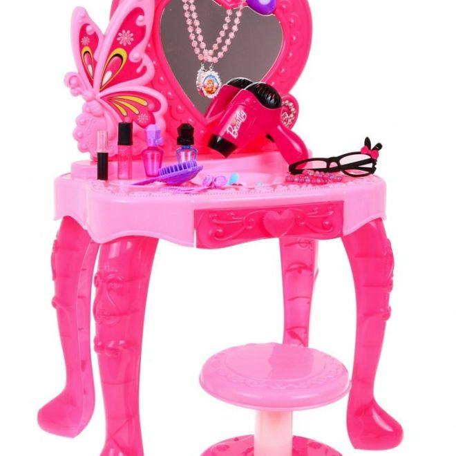 Růžový toaletní stolek se zrcadlem a židličkou + stylingové doplňky a fén