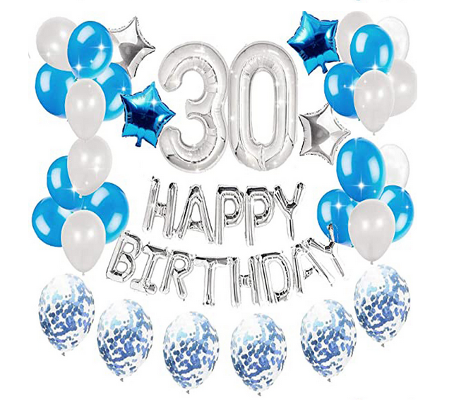 Stříbrná a modrá sada balónků k 30. narozeninám - 45 kusů