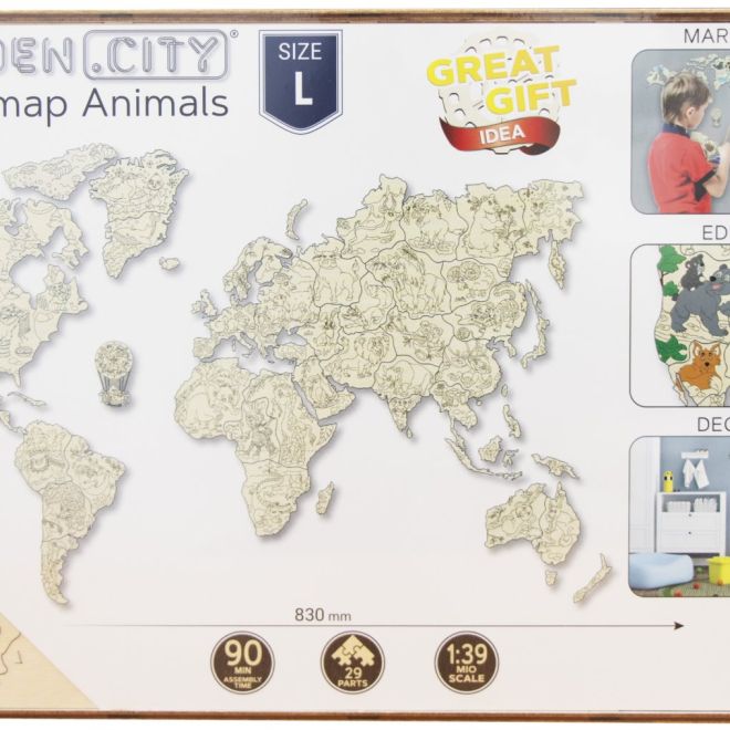 WOODEN CITY Dřevěná mapa se zvířátky velikost L (83x55cm)