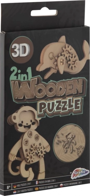 GRAFIX Dřevěné 3D puzzle 2v1 Opice a delfín