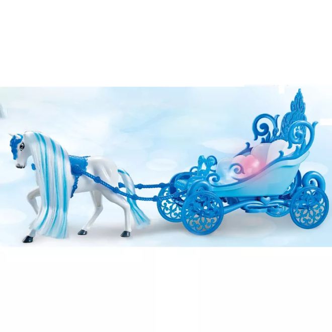 Modrý kočár pro panenky s chodícím koníkem