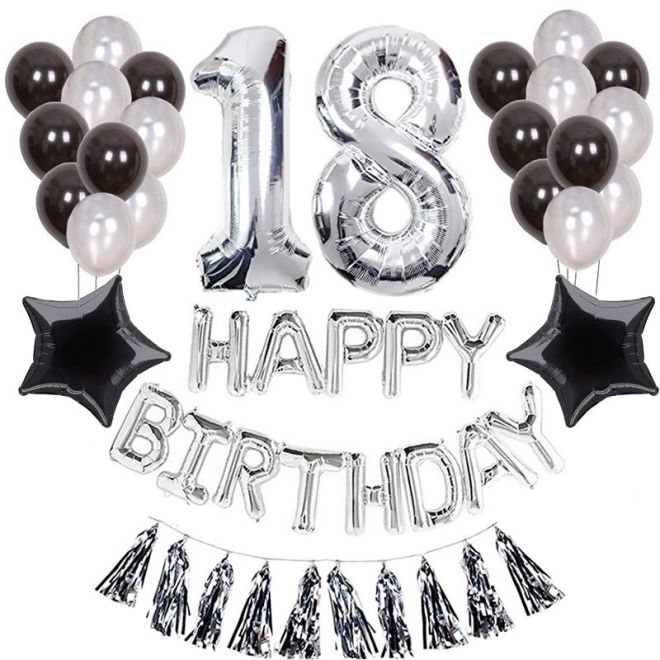 Stříbrná a černá sada balónků k 18. narozeninám