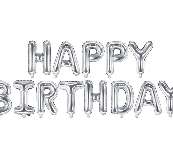 Stříbrná fóliová balónková narozeninová dekorace Happy Birthday - 340 x 35 cm