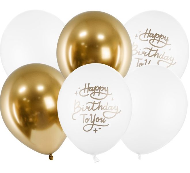 Zlaté a bílé narozeninové balónky Happy Birthday To You 30 cm - 6 kusů