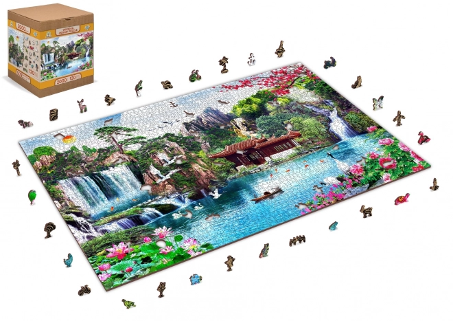 WOODEN CITY Dřevěné puzzle Vodopády v japonské zahradě 2v1, 2000 dílků EKO