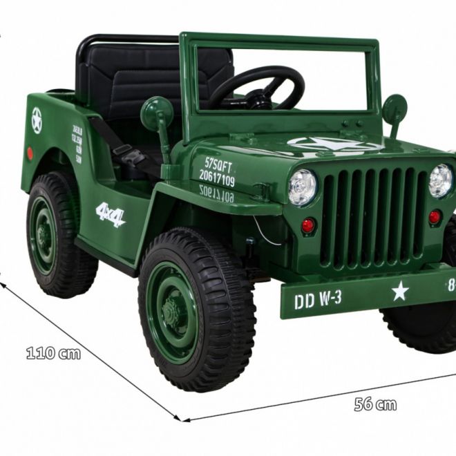 Retro vojenské auto pro děti zelené + pohon 4x4 + dálkové ovládání + 2 nosiče zavazadel + pomalý start + MP3 LED