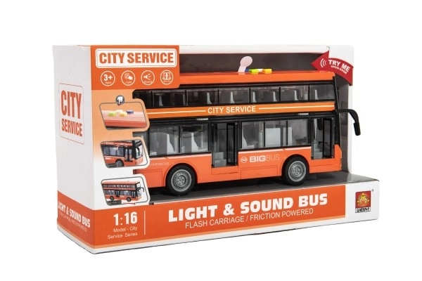 Autobus patrový plast 28cm na setrvačník na baterie se světlem se zvukem v krabici 32x19x12cm