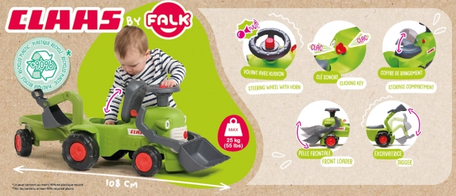 Jezdicí traktor Claas s přívěsem, nakladačem a lžící
