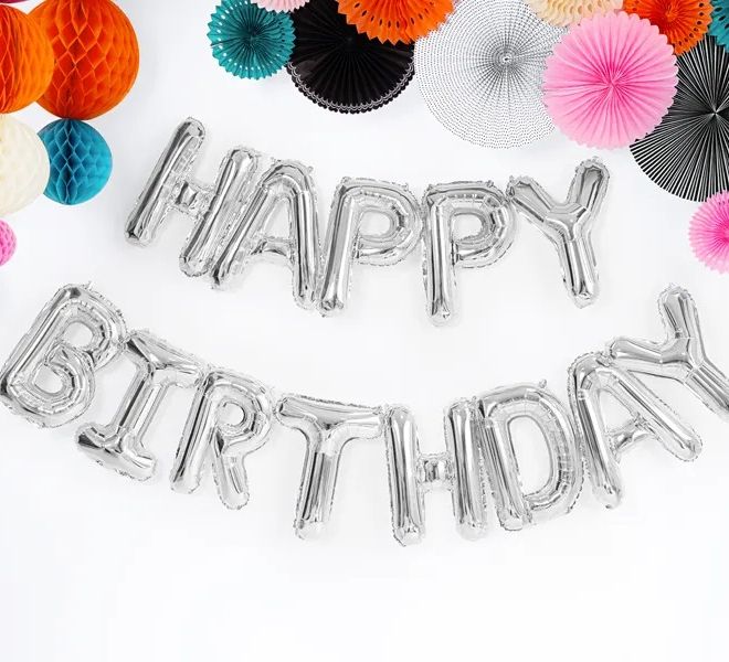 Stříbrná fóliová balónková narozeninová dekorace Happy Birthday - 340 x 35 cm