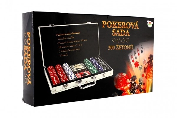 Poker sada 300ks + karty + kostky v hliníkovém kufříku v krabici 40x24x8cm