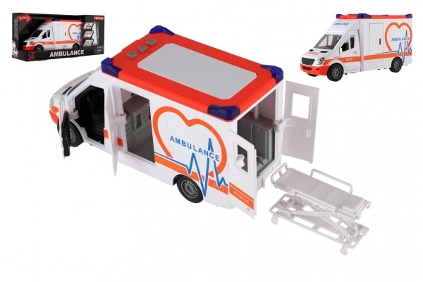 Auto ambulance plast 28cm s lehátkem na setrvačník se světlem se zvukem v krabici 39x18x12cm