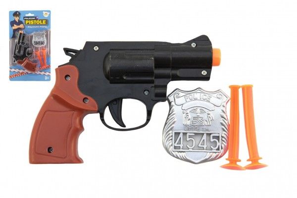 Pistole policejní 15cm plast s odznakem + 2ks přísavky