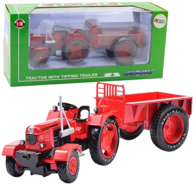 Kovový traktor s přívěsem červený 1:18
