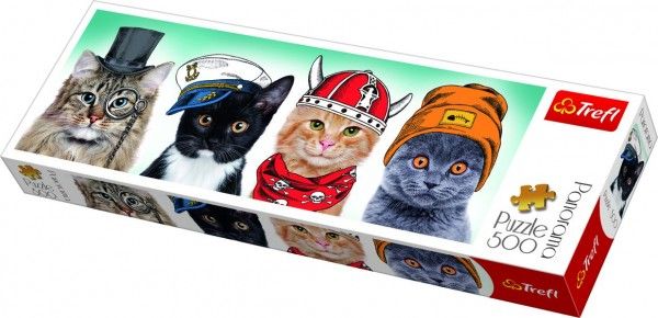 Puzzle kočky s čepicemi panorama 500 dílků 66x23,7cm v krabici 40x13x4cm