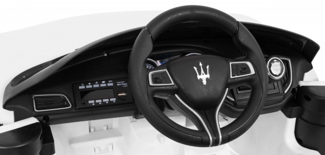 Maserati Ghibli baterie pro děti Bílá + Dálkové ovládání + Pomalý start + EVA + MP3 USB + LED