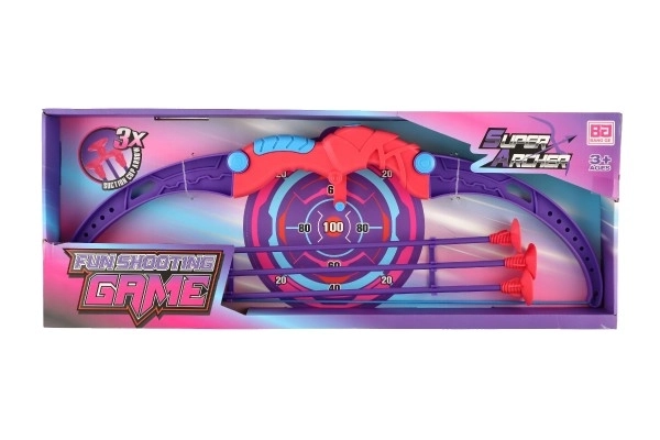Luk 56cm + šípy s přísavkami 3ks plast + terč růžovofialový v krabici 58x22x5cm
