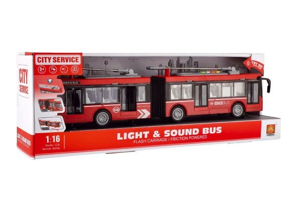 Trolejbus/Autobus plast 45cm na setrvačník na bat. se světlem se zvukem v krabici 48x18x11cm