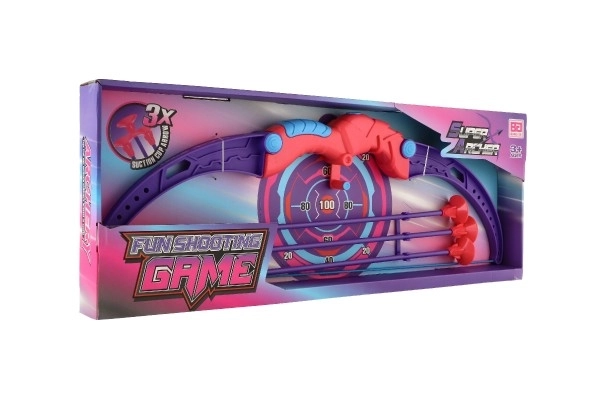 Luk 56cm + šípy s přísavkami 3ks plast + terč růžovofialový v krabici 58x22x5cm