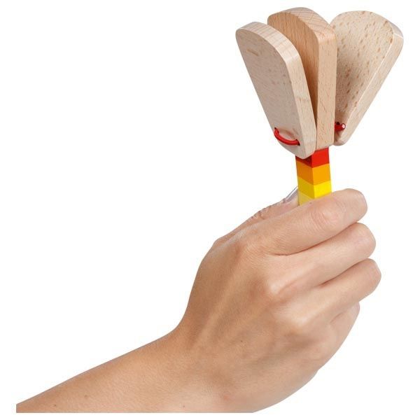 Duhová kastaněta s rukojetí - dřevěný nástroj pro vaše dítě
