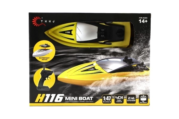 Motorový člun/loď do vody RC plast 22cm žlutý na baterie+dob. pack+USB 2,4Ghz v krabici 29x22x9cm