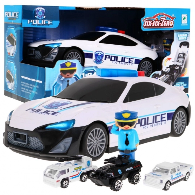 Policejní rádiové auto 2v1 pro děti 3+ Úložný prostor + 3 auta + zvuky Světla