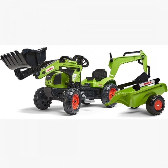 Šlapací traktor Claas Arion 410 s radlicí a zadní lžící a valníkem zelený
