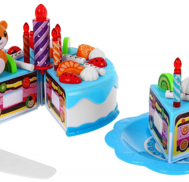 Párty modrý set  + dort + sladkosti + interaktivní svíčka + příslušenství - 80 dílů