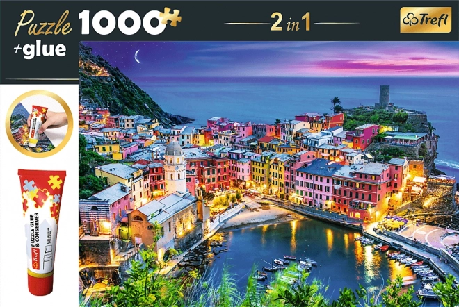 TREFL Sada 2v1 puzzle Vernazza, Ligurie, Itálie 1000 dílků s lepidlem