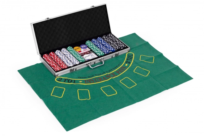 Blackjack Poker Set 500 žetonů 2 balíčky karet Hrací podložka Uzamykatelné pouzdro na přenášení
