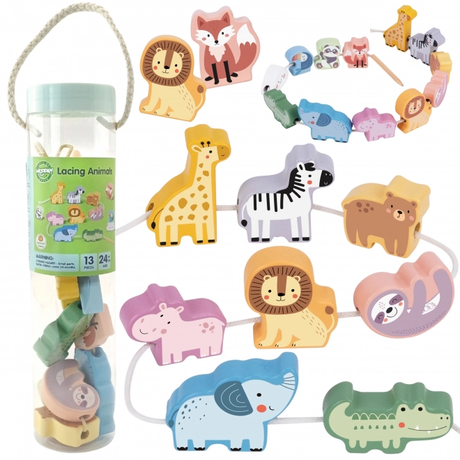 WOOPIE GREEN dřevěná navlékací sada ZOO Montessori 13 dílů
