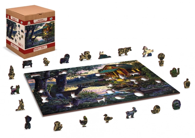 Wooden City Dřevěné puzzle Večer v domě u jezera 2v1, 505 dílků EKO