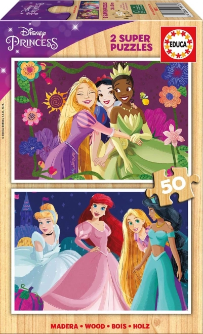 EDUCA Dřevěné puzzle Disney princezny 2x50 dílků